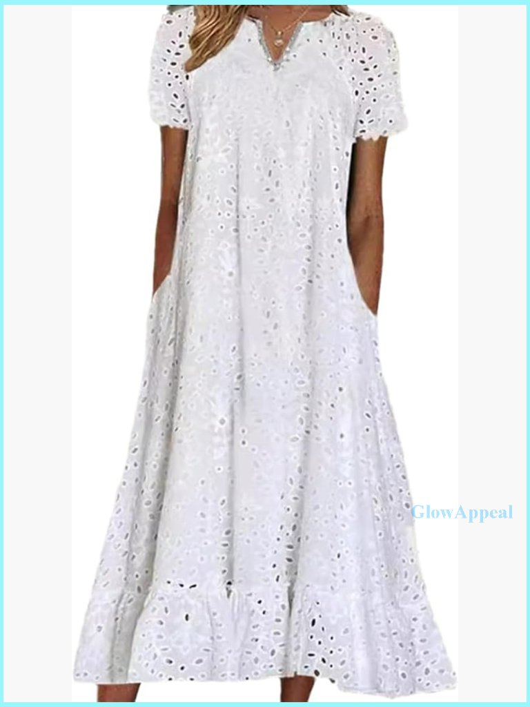 Summer Floral Lace Eyelet Midi Dress With Puff Sleeves And Pockets